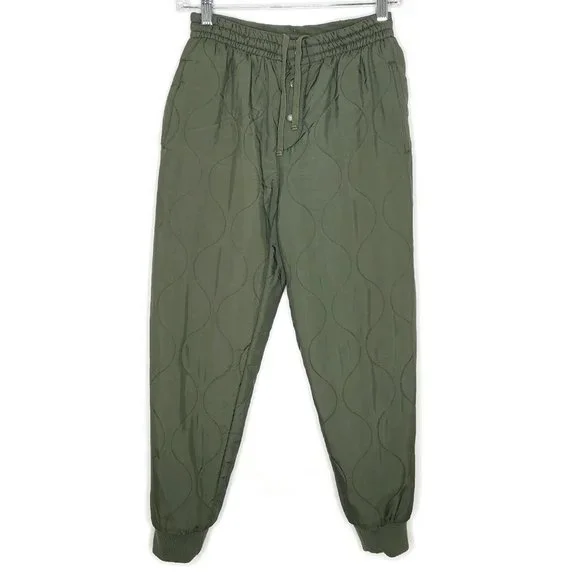 Tna Nylon Blend Jogger Pants XXS Olive Green Quilted Drawstring Imperfect